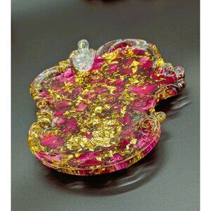 Handcrafted Resin Trinket Tray With Gold Foil Dried Roses & Bird Accent